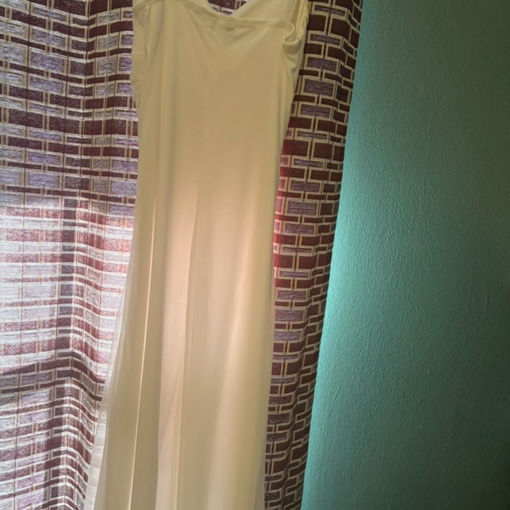 white sheer high low flowing dress with rhinstone bars on straps
